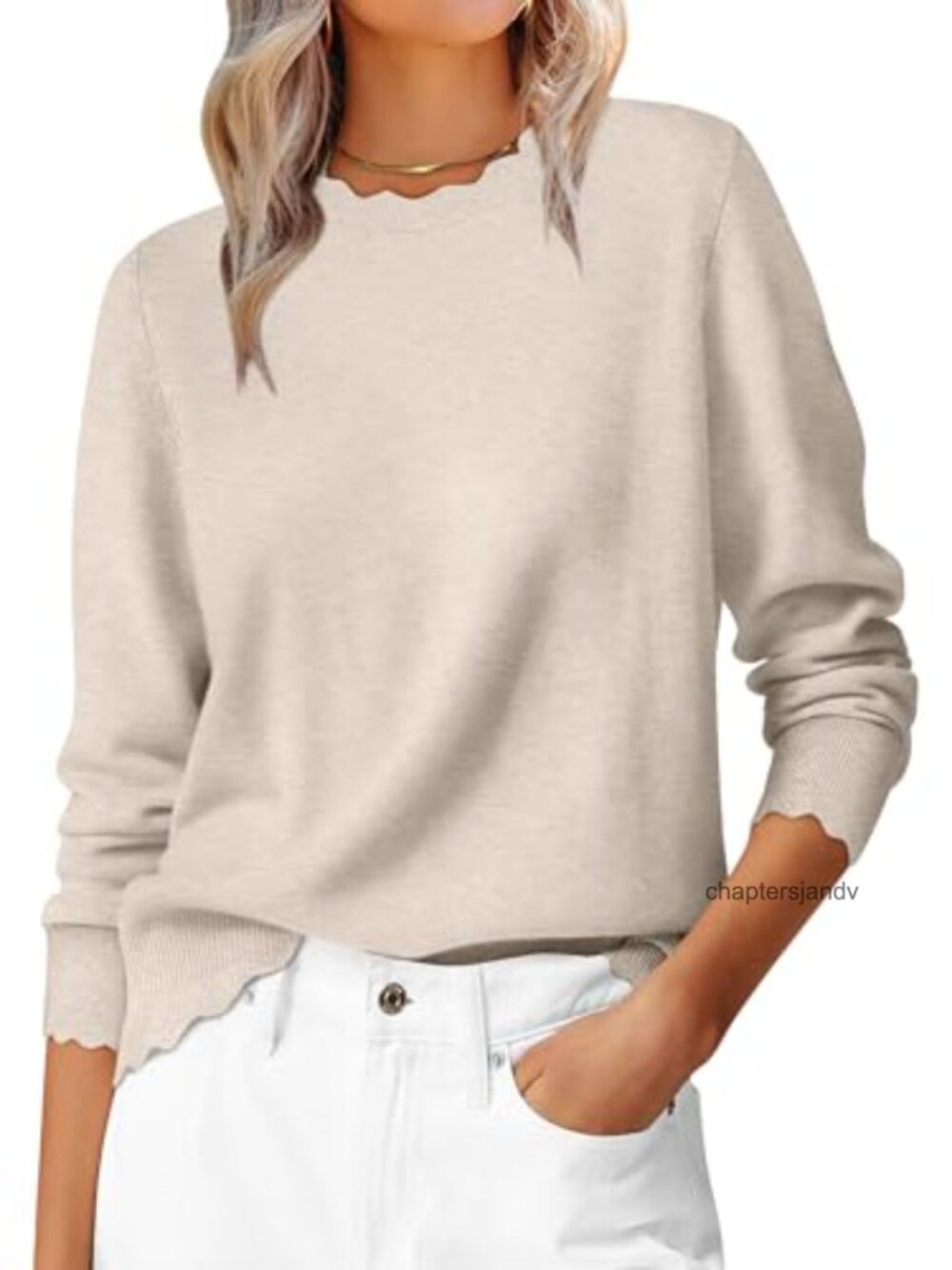 ANRABESS Women's Lightweight Knit Pullover Sweater Scallop Edge Long Sleeve